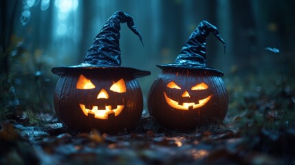 Fototapeta premium Glowing Jack-o'-Lanterns with Witch Hats in a Spooky Halloween Forest