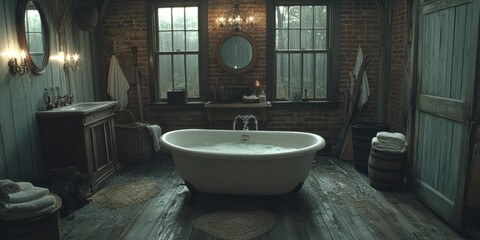 A vintage bathroom with a clawfoot tub filled with bubbles, featuring rustic wooden floors, exposed brick walls, and a charming vanity with antique details