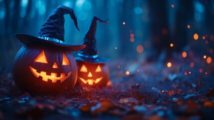 Fototapeta premium Glowing Jack-o'-Lanterns with Witch Hats in a Spooky Halloween Forest