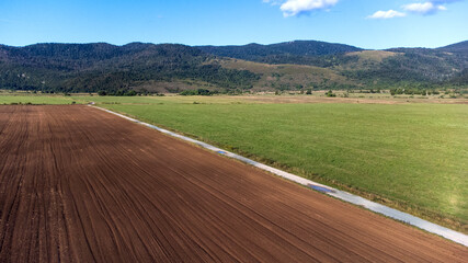 Beautiful top angle drone aerial view of farmland in Croatia, Europe