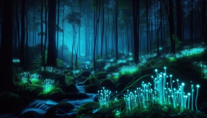 blue glowing mushroom in the night forest