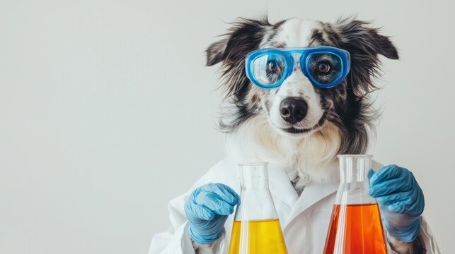 Funny Dog Wearing Glasses Holding Test Tubes in Science Lab