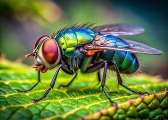 Close-up of a Common Fly on a Leaf with Detailed Texture and Vivid Colors in Natural Environment