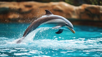 Obraz premium A playful dolphin leaping joyfully out of the turquoise water, sparkling droplets catching the sunlight, embodying the essence of freedom and fun in the ocean.