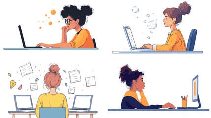 A woman is sitting at a desk with a laptop and a computer monitor. She is wearing glasses and has her hair in a bun. Concept of focus and concentration as the woman works on her computer