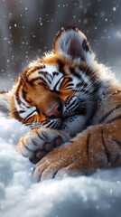 Obraz premium The soft body of a cute baby tiger is resting comfortably in a fluffy snow pile. The cold winter atmosphere surrounds it with snow covering the area