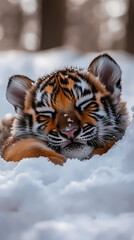 Obraz premium The soft body of a cute baby tiger is resting comfortably in a fluffy snow pile. The cold winter atmosphere surrounds it with snow covering the area