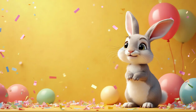 Anivers&aacute;rio. Coelho animado e sorridente em um ambiente festivo, cercado por bal&otilde;es coloridos e confetes, transmitindo alegria e divers&atilde;o. Festa de anivers&aacute;rio. Convite.