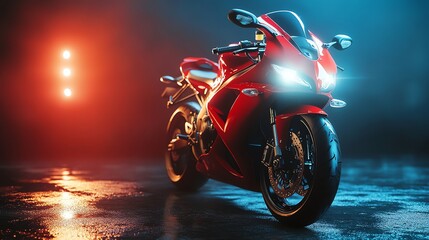 Fototapeta premium A red motorcycle under blue and orange light.