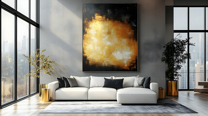 Modern Living Room Decor with Abstract Gold Art and White Sofa