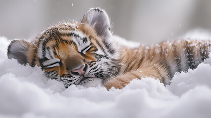 Obraz premium The soft body of a cute baby tiger is resting comfortably in a fluffy snow pile. The cold winter atmosphere surrounds it with snow covering the area