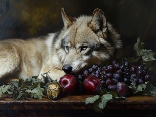 Wolf Portrait with Grapes and Fruit - Realistic Animal Painting