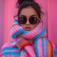 Trendy young woman in oversized colorful knitted scarf and sunglasses posing against a bright pink background