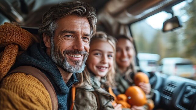 multi generation family unpacking and talking by car caravan holiday trip