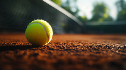 Tennis ball resting on clay court under warm sunlight during early morning practice session