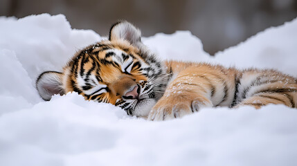 Obraz premium The soft body of a cute baby tiger is resting comfortably in a fluffy snow pile. The cold winter atmosphere surrounds it with snow covering the area