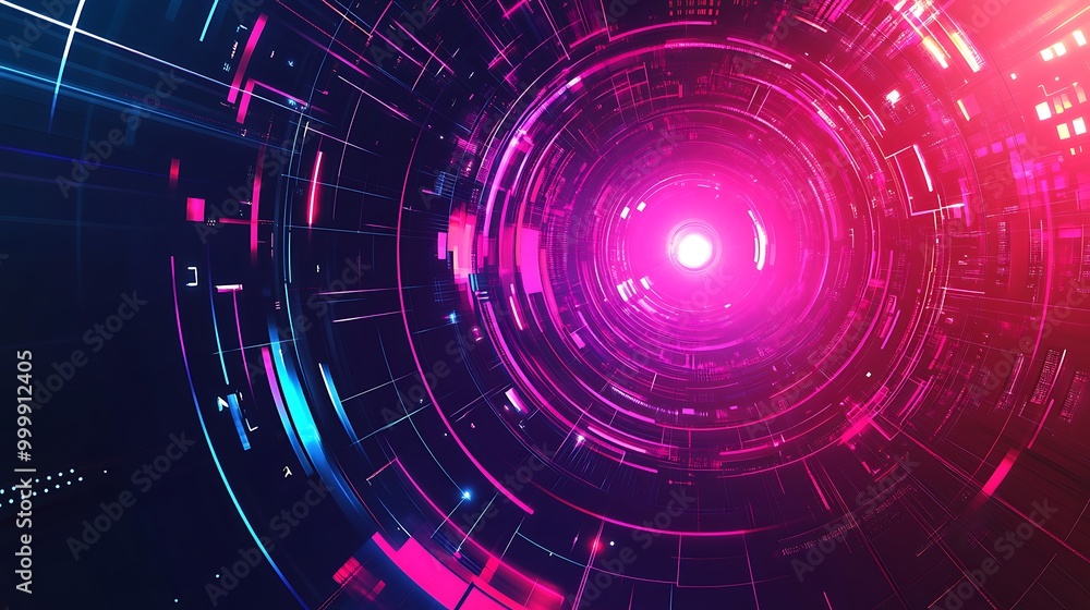 Poster abstract digital tunnel with glowing neon lights and geometric shapes.