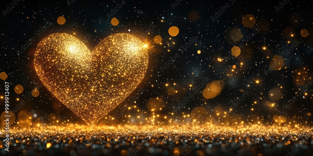 Poster a glowing heart formed of golden glitter sparkles on a dark background with bokeh lights and a glitt