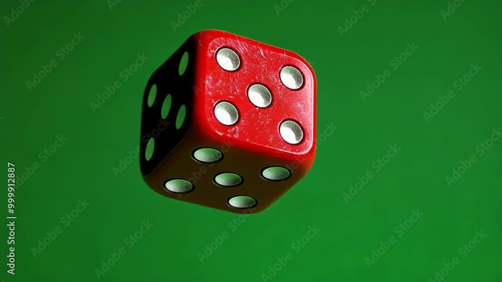 Poster red dice with white dots is falling against a vibrant green screen, ideal for compositing and visual