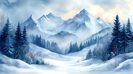 Obraz premium Snowy Mountain Range with Pine Trees and a Misty Valley