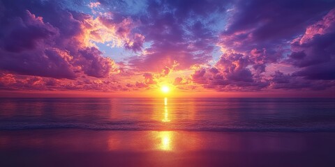 A vibrant sunset over the ocean, with a sky ablaze with fiery hues, casting a warm glow upon the tranquil water, creating a captivating scene of nature's artistry