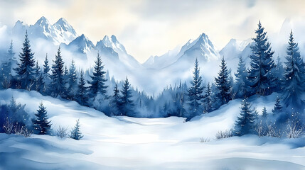 Fototapeta premium Snowy Mountain Landscape with Fir Trees in Winter Wonderland