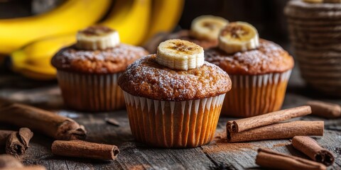 Freshly Baked Banana Muffins on Rustic Table