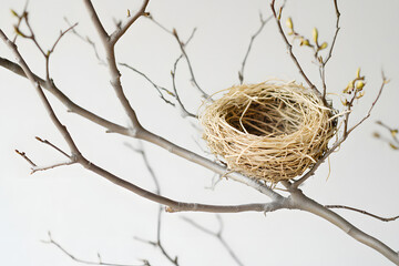 Empty bird nest made of straw hanging from a tree branch, ready for new life