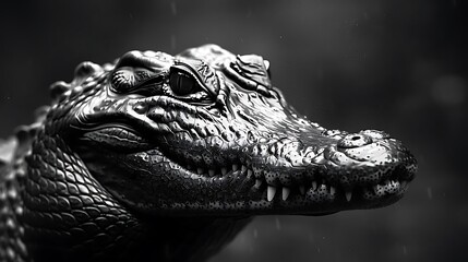 Fototapeta premium A close-up of a crocodile's head in a dramatic black-and-white setting.
