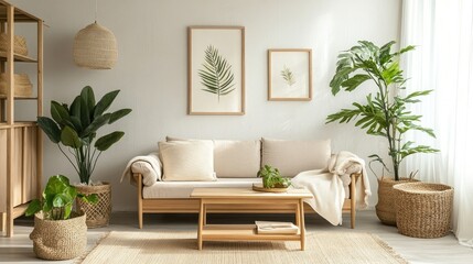 A Scandinavian-style living room with light wood furniture, green plants, and soft, neutral textiles, exuding calm and simplicity