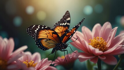 Fototapeta premium Close-Up of a Butterfly Landing on a Flower Petal, nature, insects, beauty, wallpaper, desktop.