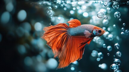 Obraz premium A serene image of a Betta fish resting near the surface of the water, with bubbles rising around it, capturing the tranquility of its aquatic habitat.