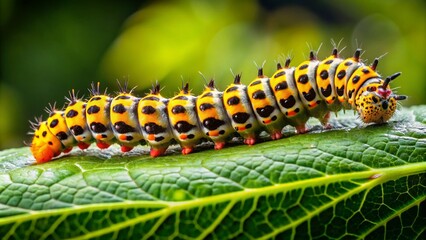 Fototapeta premium Close-up of a vibrant goldenrod caterpillar resting on a green leaf in a natural setting outdoors