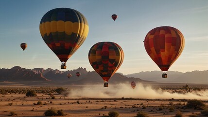 Naklejka premium Colorful Hot Air Balloons Floating Over a Desert Landscape sand dust tourism travel.