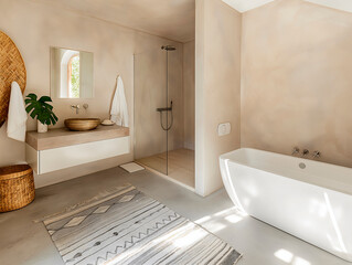 Inviting Bathroom with Sleek White Microcement Surfaces and Eclectic Boho Decor