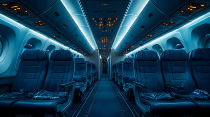 Fototapeta premium Empty Airplane Seats in a Cabin with Blue Lighting