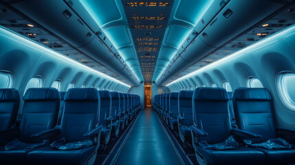 Fototapeta premium Empty Airplane Cabin Rows of Seats Interior Design Travel