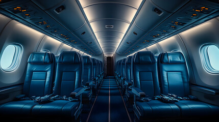 Fototapeta premium Empty Airplane Cabin Seats with Blue Leather Interior, Rows of Seats, Interior View