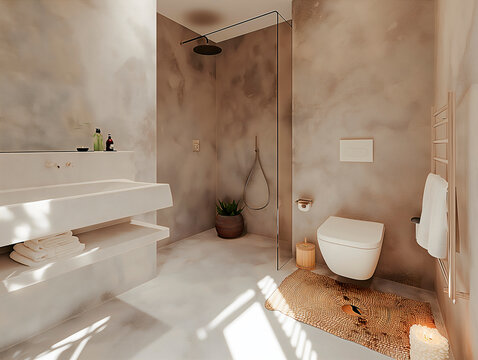 Tranquil Bathroom with White Microcement Walls and Floors Enhanced by Bohemian Style