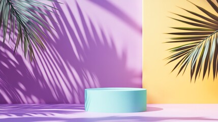 Obraz premium A blue cylindrical podium with palm leaf shadows on a purple and yellow background.