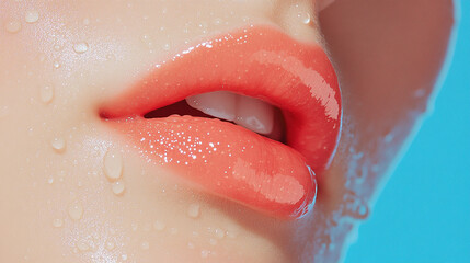 Obraz premium Close-up of glossy lips with water droplets