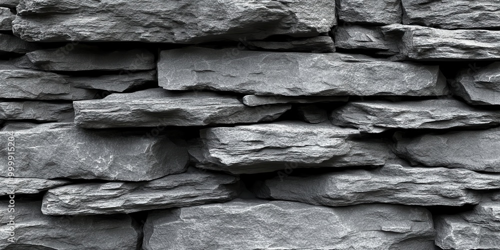 Poster a detailed closeup of a rough, gray stone wall showing the interlocking layers and texture of the ro