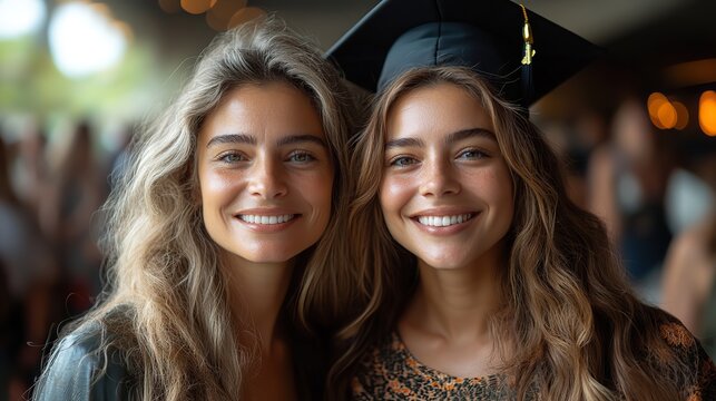 portrait of cheerful university student with mother looking at camera outdoors graduation concept