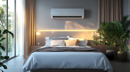 White air conditioner emitting cool blue breeze, blowing across bedroom, covering small particles, creating fresh atmosphere.