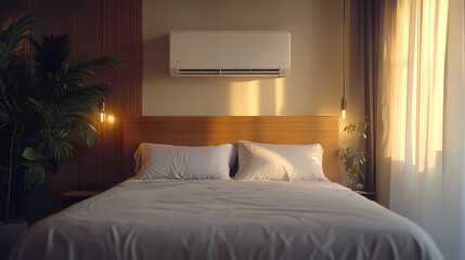 White air conditioner emitting cool blue breeze, blowing across bedroom, covering small particles, creating fresh atmosphere.