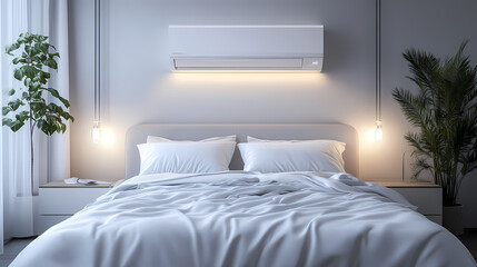 White air conditioner emitting cool blue breeze, blowing across bedroom, covering small particles, creating fresh atmosphere.