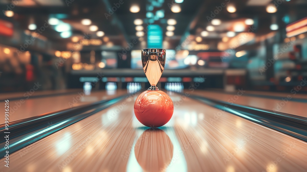 Poster A bowling ball with a trophy on top of it in the middle of a bowling lane.