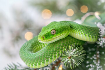 Fototapeta premium A green snake crawls on a Christmas tree covered with snow