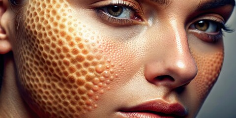 Close-up of large skin pores on a textured surface, highlighting imperfections and natural beauty
