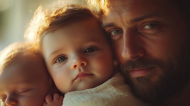 portrait of father holding newborn baby enjoying all his kids new sibling unconditional paternal love father day concept